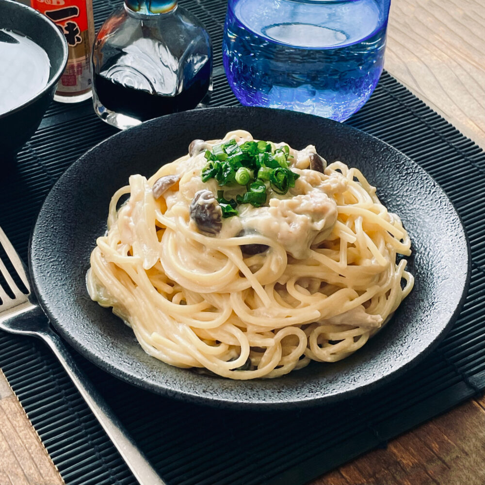 しめじとベーコンのほんのり和風な豆乳クリームパスタ