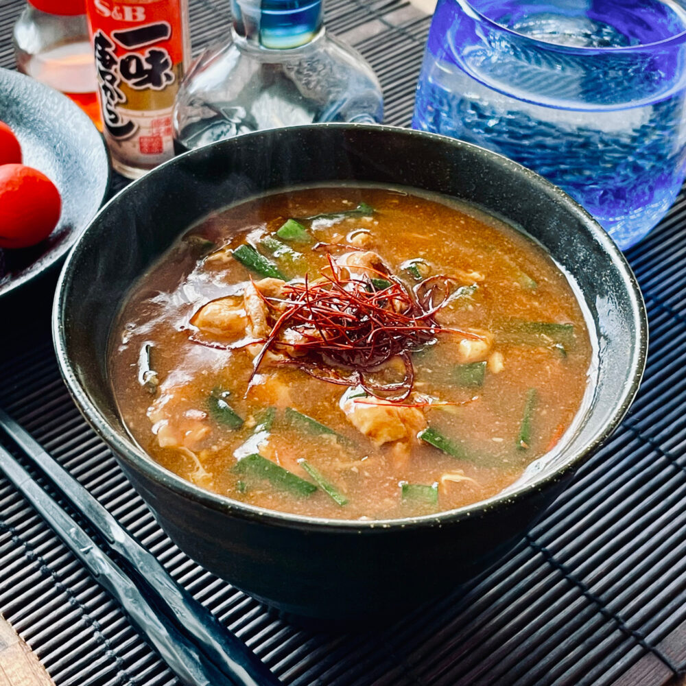 豚肉とニラのピリ辛かきたま煮麺