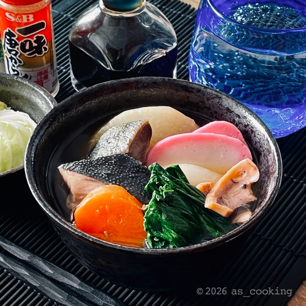 岡山県北部の郷土料理「ぶり雑煮」の盛り付け