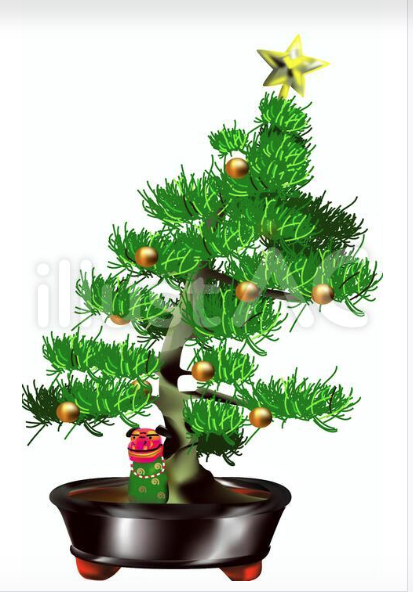 獅子舞を取り入れた正月とクリスマスをミックスした和風クリスマスツリーのイラスト
