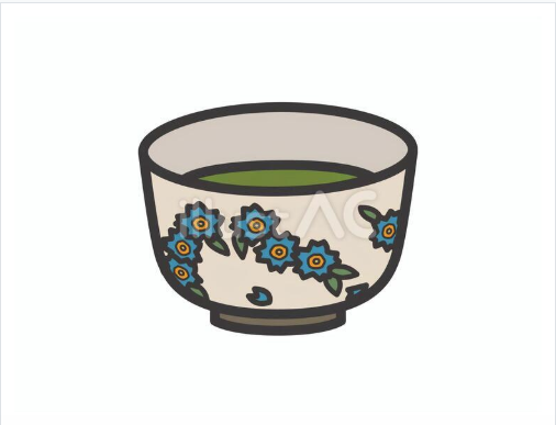 上品な青い花柄が描かれた薄茶入りの抹茶碗イラスト