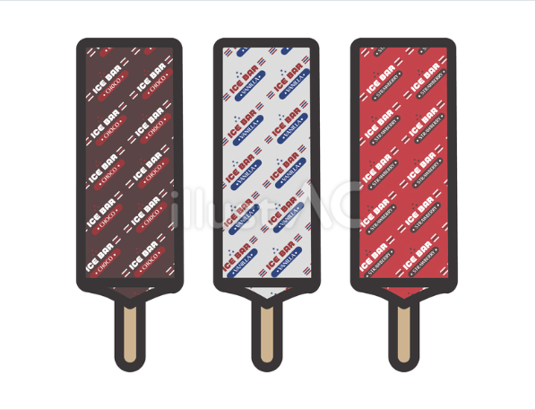 お洒落な英字パッケージに包まれた3種類のアイスバーのイラスト