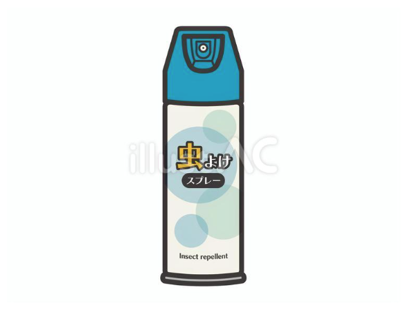 爽やかな水玉模様のボトルに虫よけと書かれたスプレー缶のイラスト