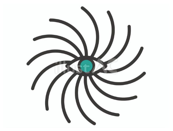渦巻く雲の中心にエメラルドグリーンの瞳が描かれた台風の目のイラスト