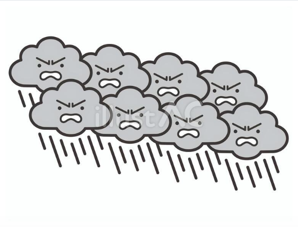 集中豪雨や大雨の注意喚起に使える密集した線状降水帯の雨雲のかわいい無料天気アイコンイラスト
