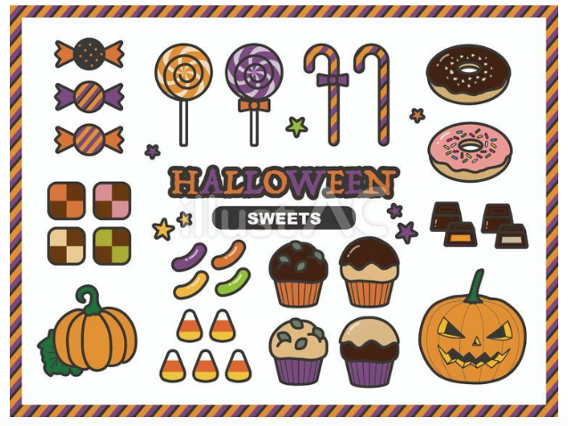 ハロウィンイベントや手作りお菓子レシピの図解に使えるかぼちゃやキャンディなどのハロウィンスイーツ無料イラスト素材セット